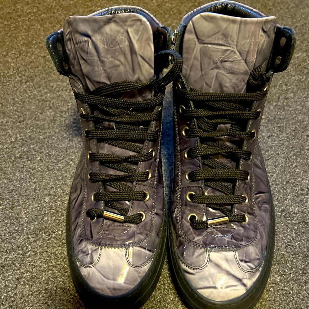 Jimmy Choo High Tops Size 10.5 Gray Leather Mirror Patent Sneakers